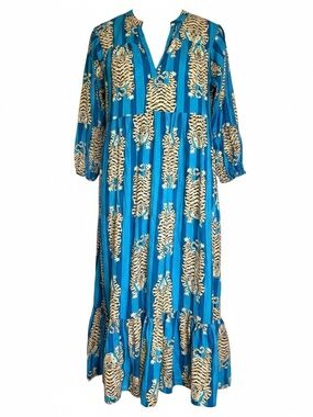 Fox & Hen Maxi Dress Sz L Tiered Eye Of The Tiger Jungle Safari Teal Statement